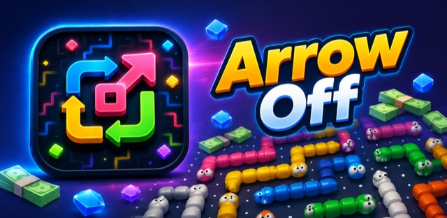 Arrow Off — neon arrow puzzle with colorful characters and glowing rewards